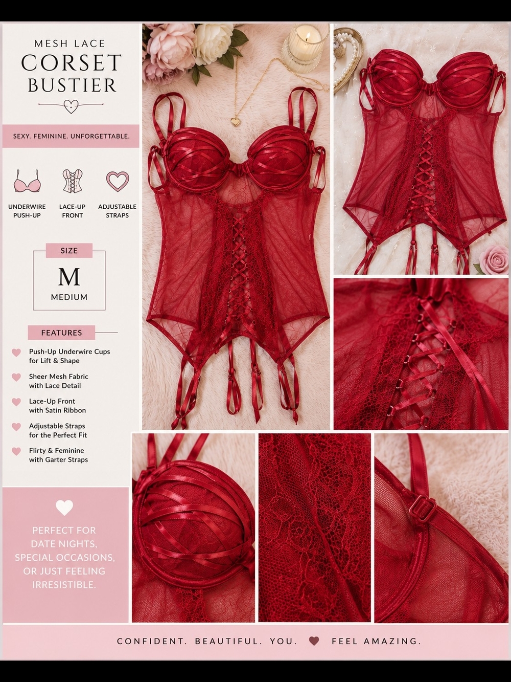 Mesh Lace Corset Bustier - Red